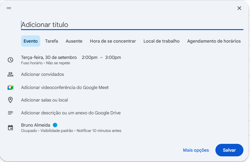 Criação de evento no Google Agenda