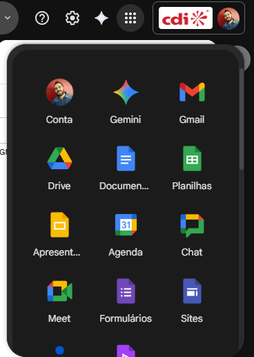 Menu de aplicativos do Google Workspace